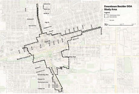 Map of the Downtown Boulder DDA study area showing preliminary district boundaries and parcels.