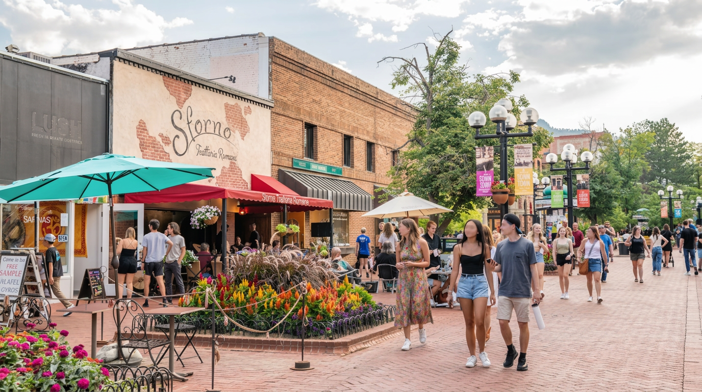 Pedestrians walking along Pearl Street Mall past local shops and outdoor dining.