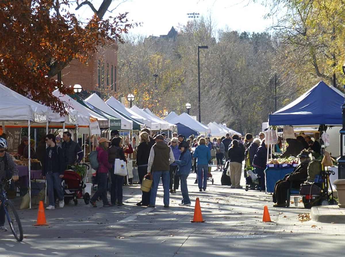 Vendor tents and visitors at the Boulder Farmers Market on a fall morning.